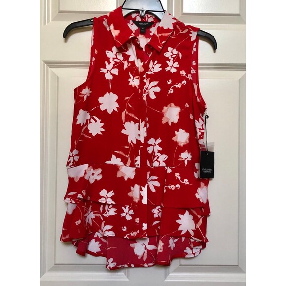 SIMPLE VERA WOMEN'S SIZE X SMALL BLOUSE SLEEVELES RED WITH WHITE FLOWERS - Picture 3 of 8